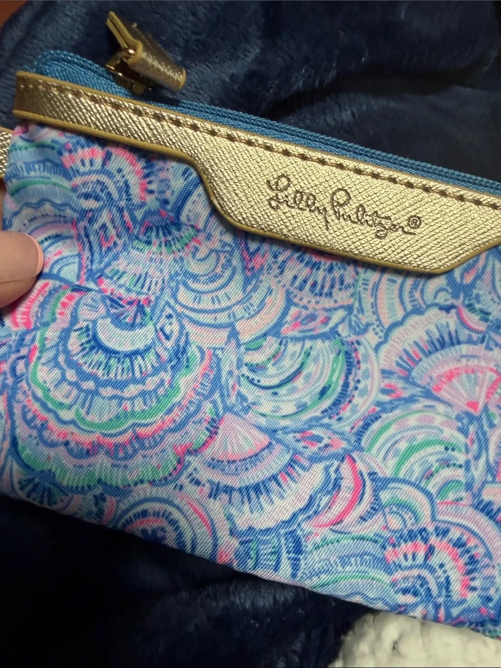 Lilly Pulitzer Blue Multicolor Shell-Print Cosmetic Wristlet with Gold Trim